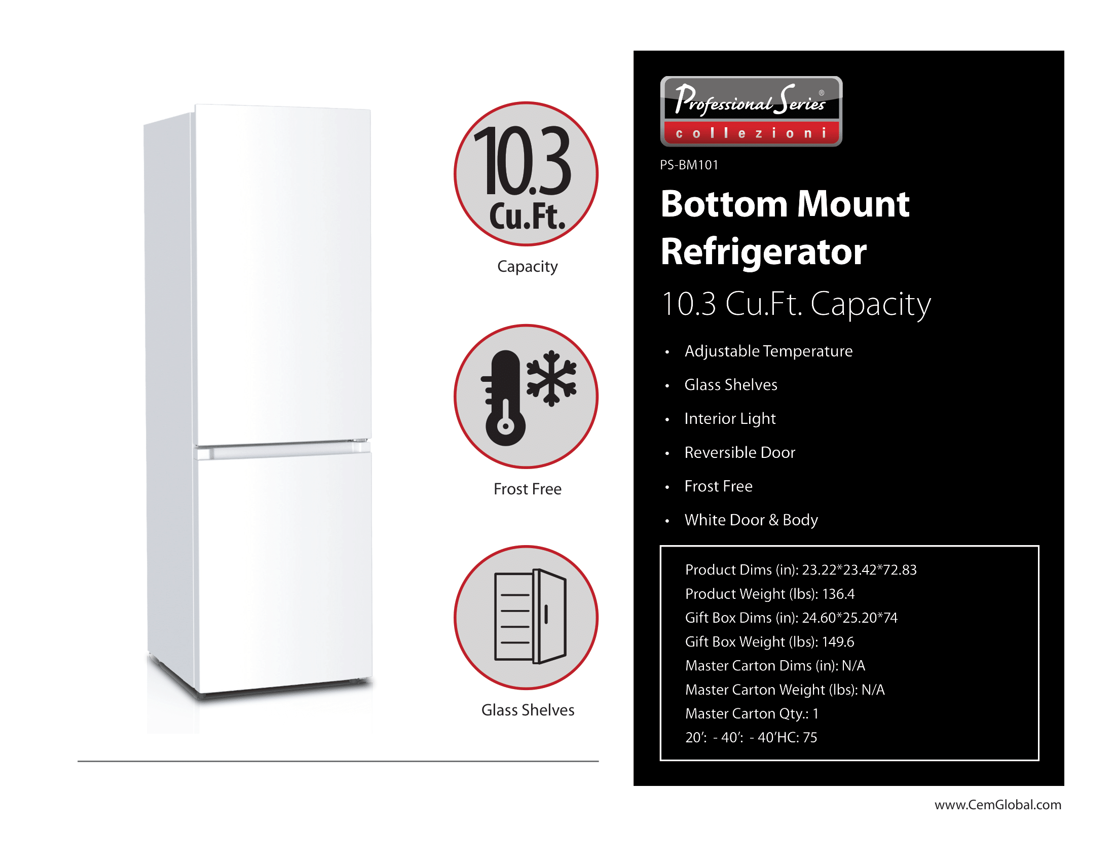 Bottom Mount Refrigerator 10.3 Cu.Ft.